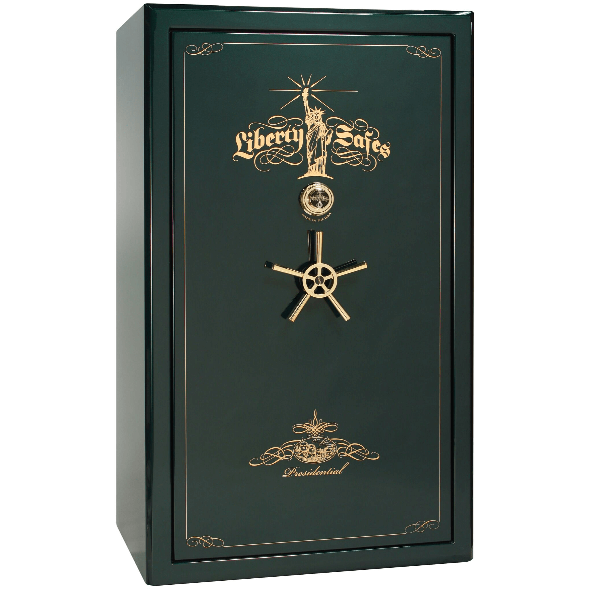 Presidential Series | Level 8 Security | 2.5 Hours Fire Protection | 50 | Dimensions: 72.5"(H) x 42.25"(W) x 32"(D) | Green Gloss | Gold Hardware | Mechanical Lock