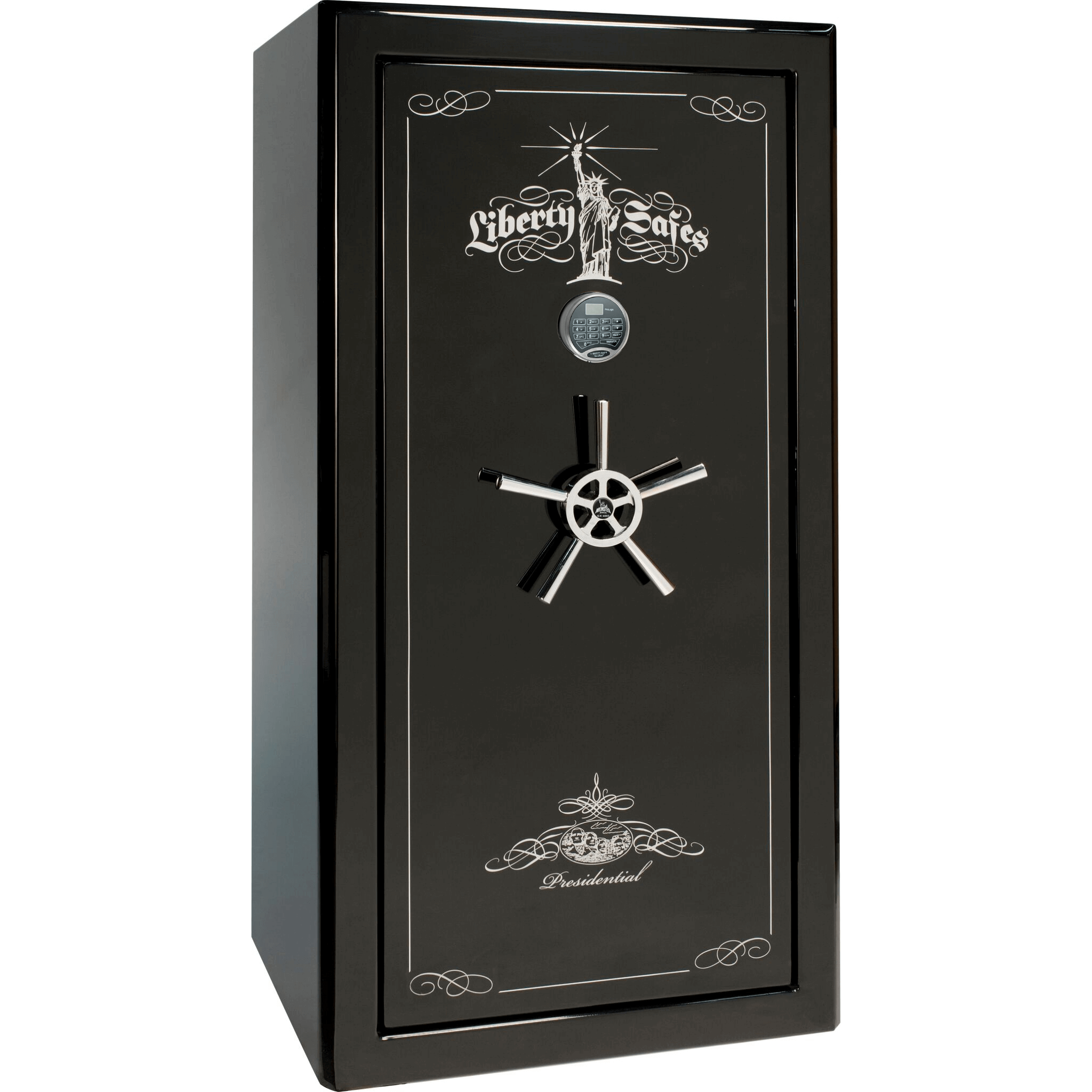Presidential Series | Level 8 Security | 2.5 Hours Fire Protection | 25 | Dimensions: 60.5"(H) x 30.25"(W) x 28.5"(D) | Black Gloss Chrome Hardware | Electronic Lock