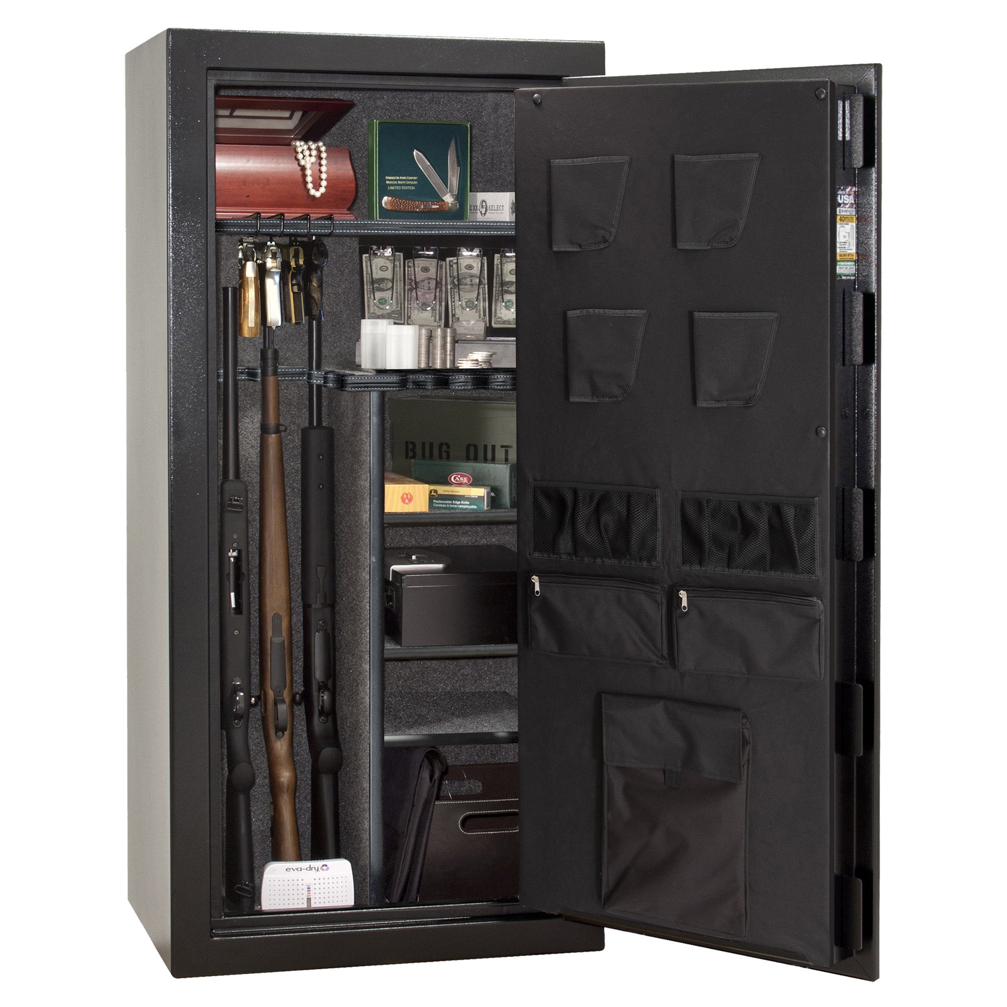 Centurion DLX 24 | Level 1 Security | 40 Minute Fire Protection | Dimensions: 59.5" x 28.25" x 20" | Textured Black | Chrome | Elock - Drop Handle Promotion - Open Door