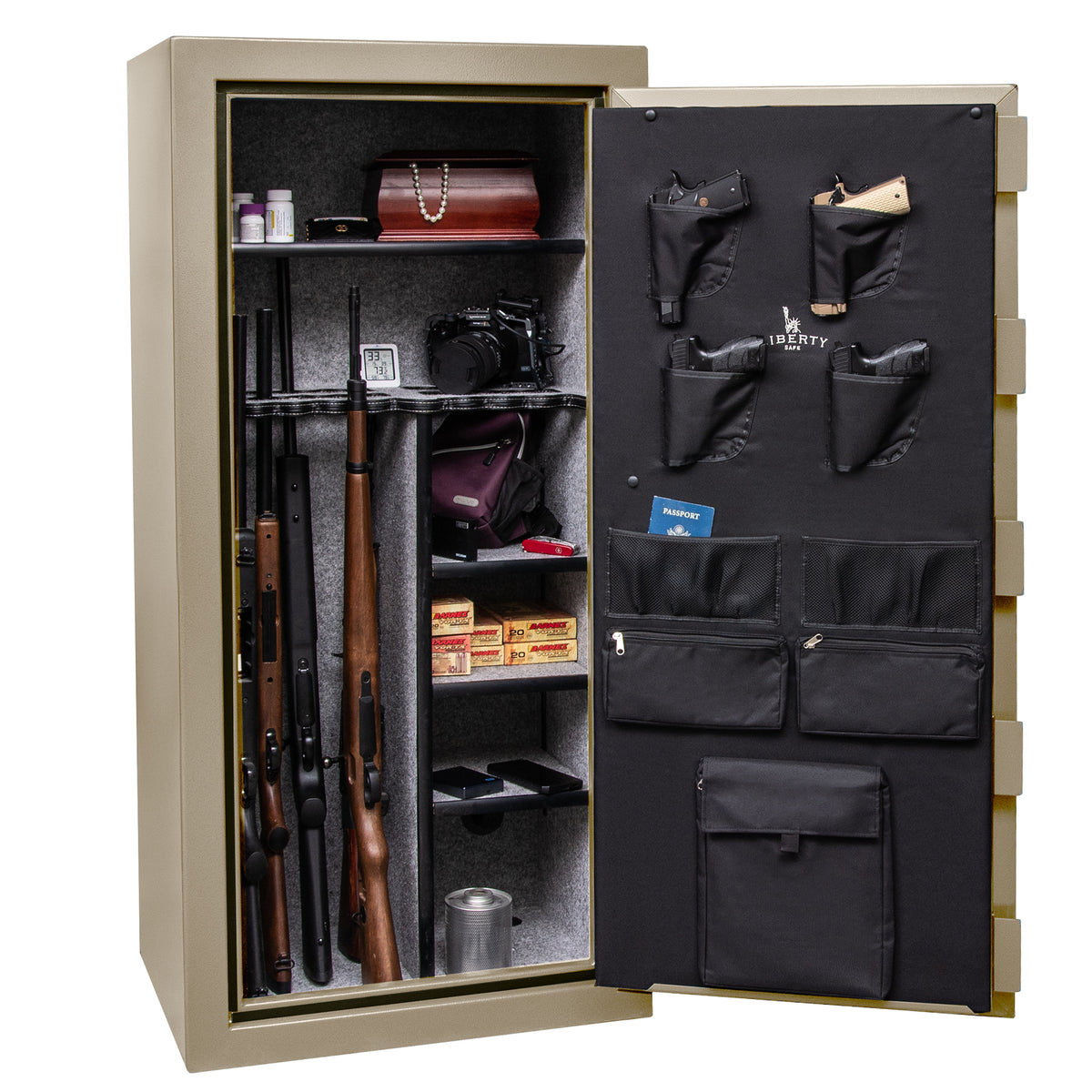 Centurion 24 DLX Canvas Beige Textured | Black Chrome Hardware | Dimensions 59.5"(H) x 28.25"(W) x 20"(D*) | 40 Minute Fire Rating | Level 1 Security | Open Door Full