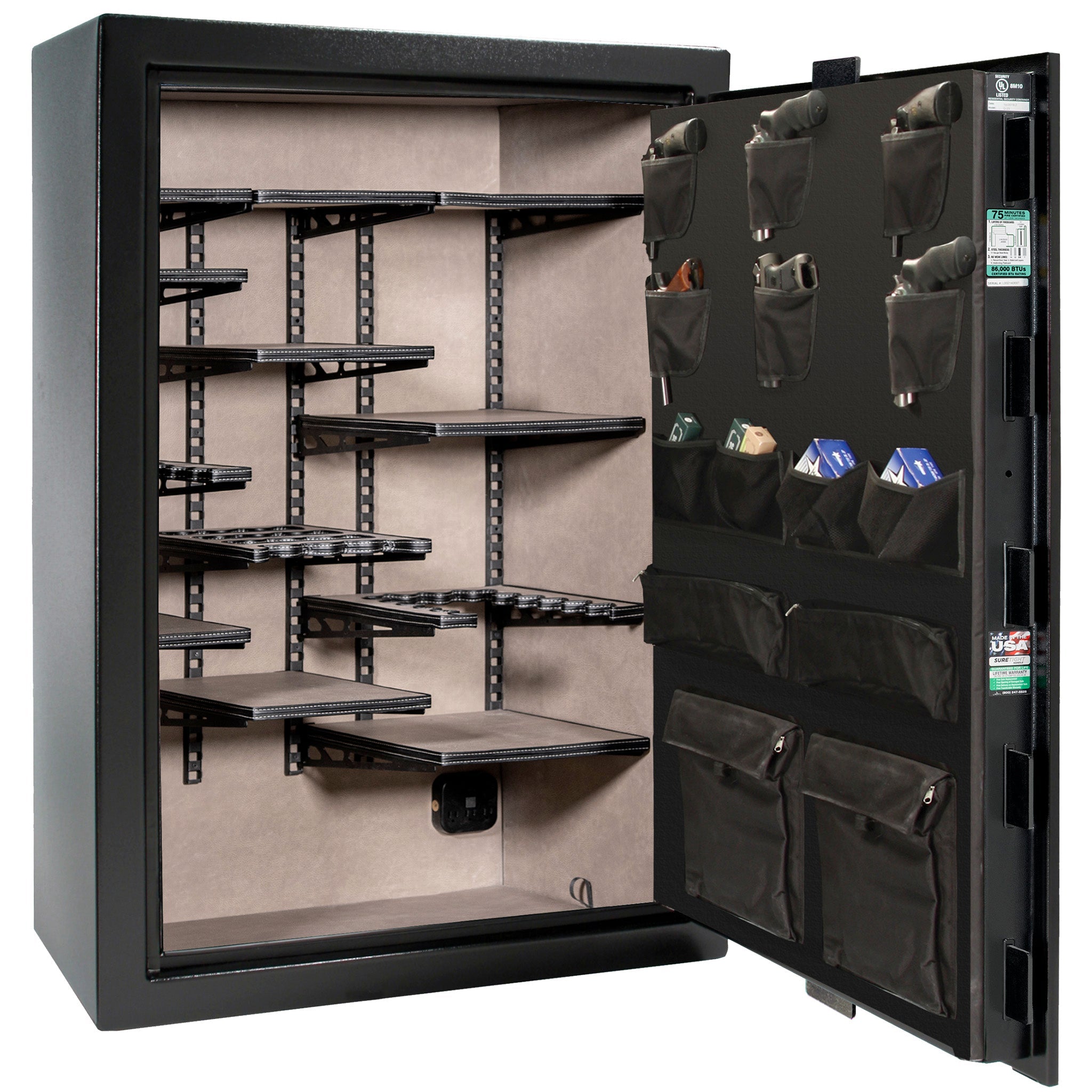 Colonial 35 | Pro Flex Interior | Level 4 Security | 75 Minute Fire Protection | Dimensions: 60.5"(H) x 42"(W) x 22"(D) | Up to 45 Long Guns | Black Gloss | Mechanical Lock - Open