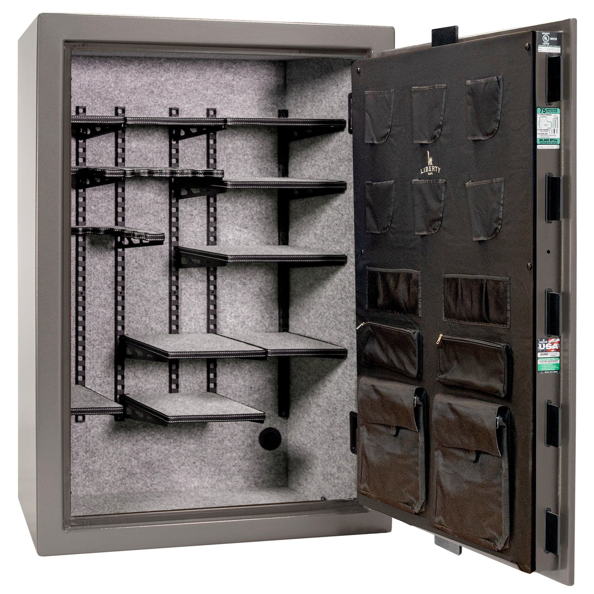Colonial 35 | Pro Flex Interior | Level 4 Security | 75 Minute Fire Protection | Dimensions: 60.5"(H) x 42"(W) x 22"(D) | Up to 45 Long Guns | Gray Gloss | Mechanical Lock - Open