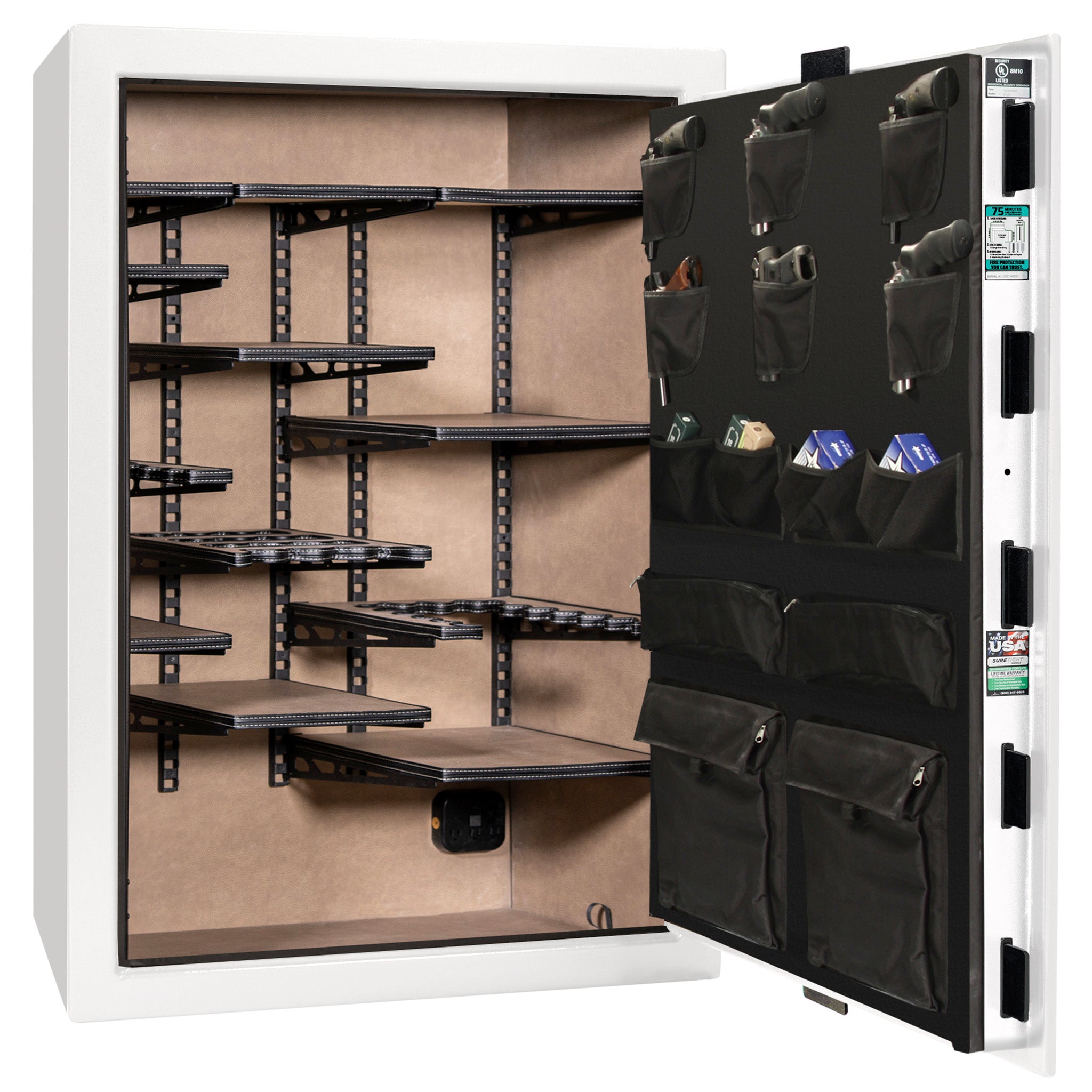 Colonial 35 | Pro Flex Interior | Level 4 Security | 75 Minute Fire Protection | Dimensions: 60.5"(H) x 42"(W) x 22"(D) | Up to 45 Long Guns | White Gloss Brass | Electronic Lock - Open