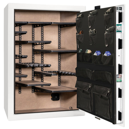 Colonial 35 | Pro Flex Interior | Level 4 Security | 75 Minute Fire Protection | Dimensions: 60.5"(H) x 42"(W) x 22"(D) | Up to 45 Long Guns | White Gloss Black Chrome | Electronic Lock - Open
