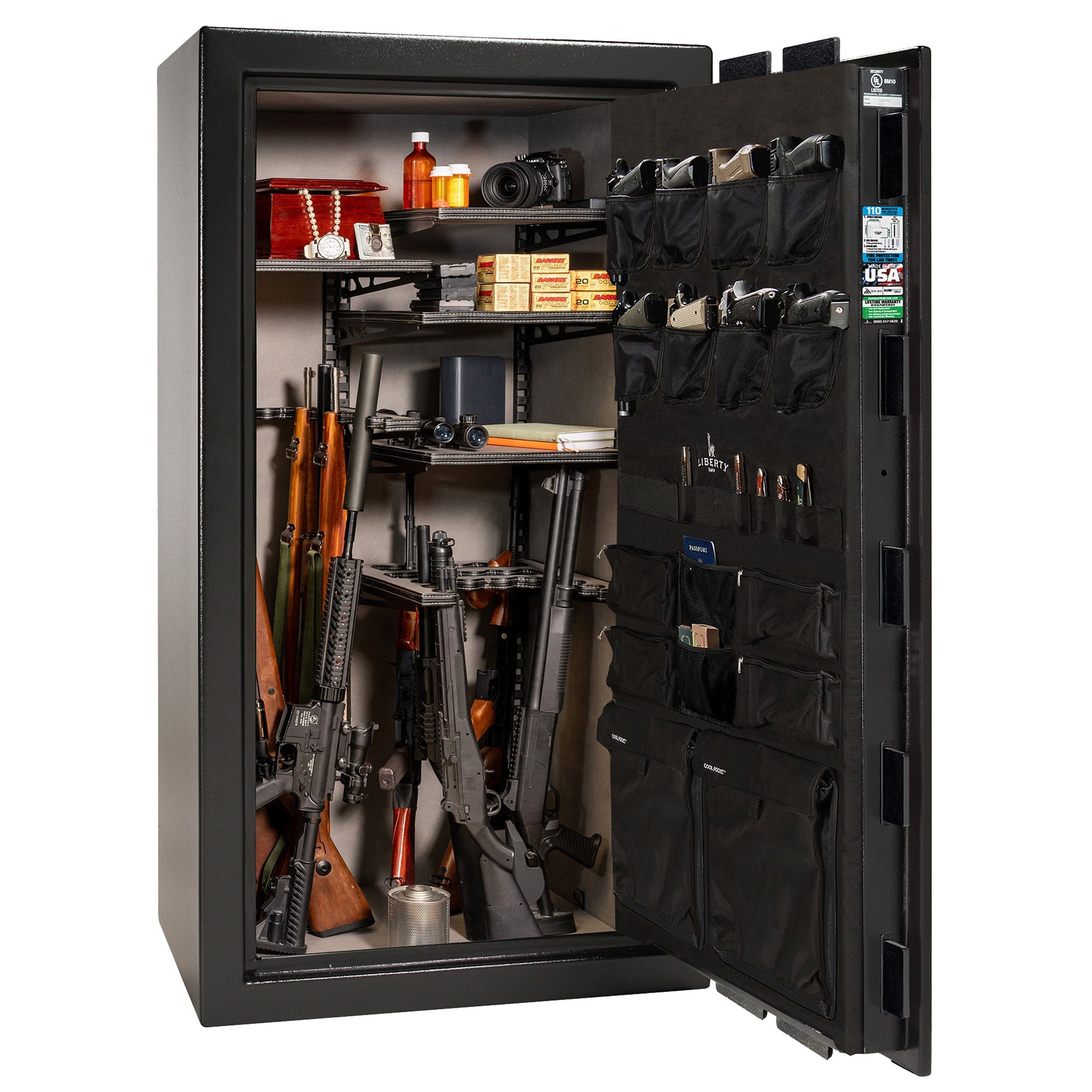 Franklin Series | Level 5 Security | 110 Minute Fire Protection | 40 | DIMENSIONS: 66.5"(H) X 36"(W) X 27.5"(D*) | Textured Black | ProFlex Modular Shelving – Open Door