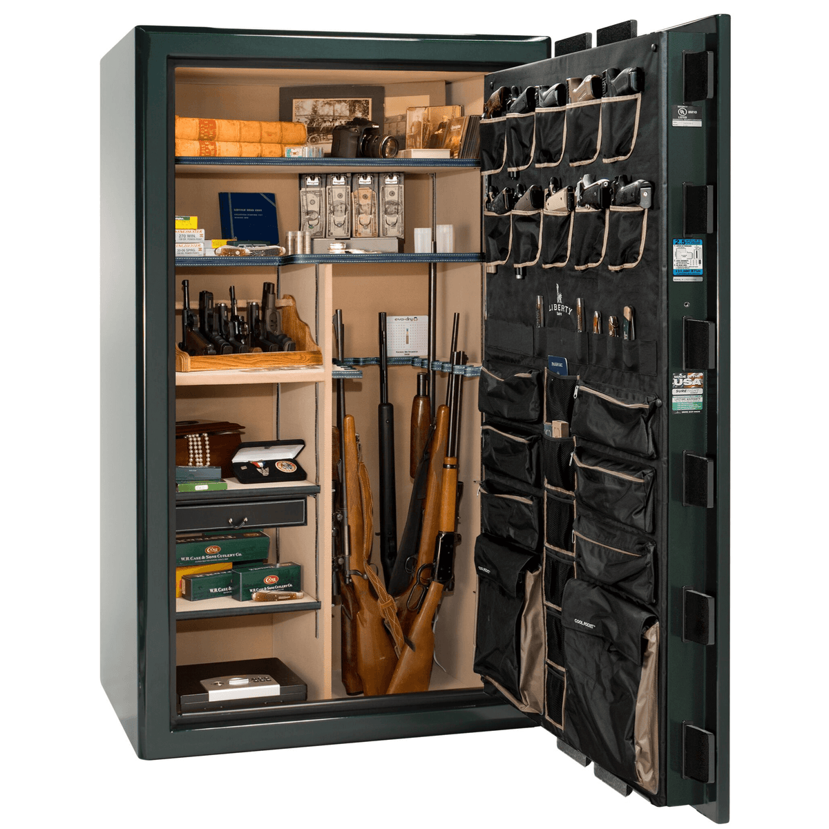 Presidential Series | Level 8 Security | 2.5 Hours Fire Protection | 50 | Dimensions: 72.5"(H) x 42.25"(W) x 32"(D) | Green Gloss | Gold Hardware | Electronic Lock