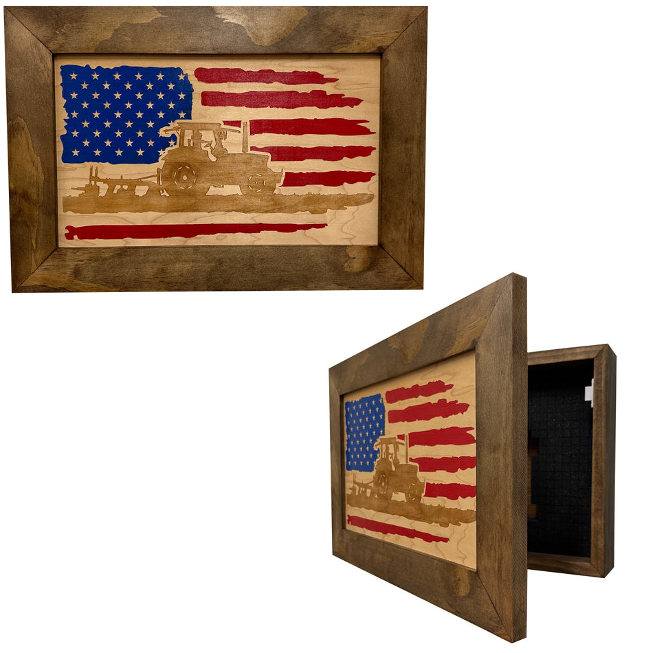 Locking Gun Cabinet Wall Mounted with American Flag and Farmer Patriotic Decorative Front