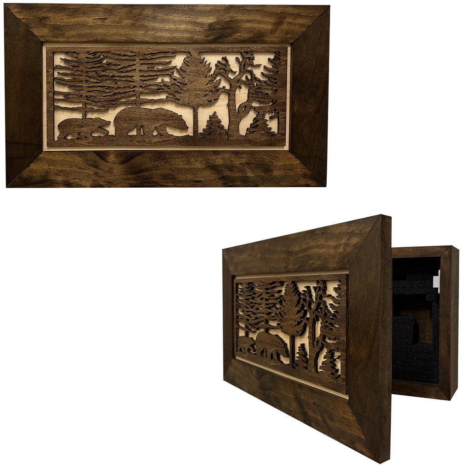 Wood Gun Cabinet Bears In The Woods Wall Decoration - Hidden Gun Safe To Securely Store Your Gun In Plain Sigh