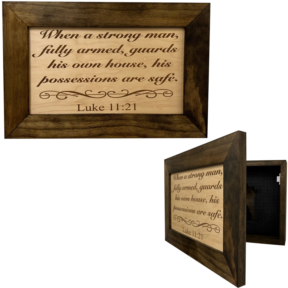 Wood Gun Cabinet Bible Verse Luke 11:21 Wall Decoration - Hidden Gun Safe To Securely Store Your Gun In Plain Sight by Bellewood Designs