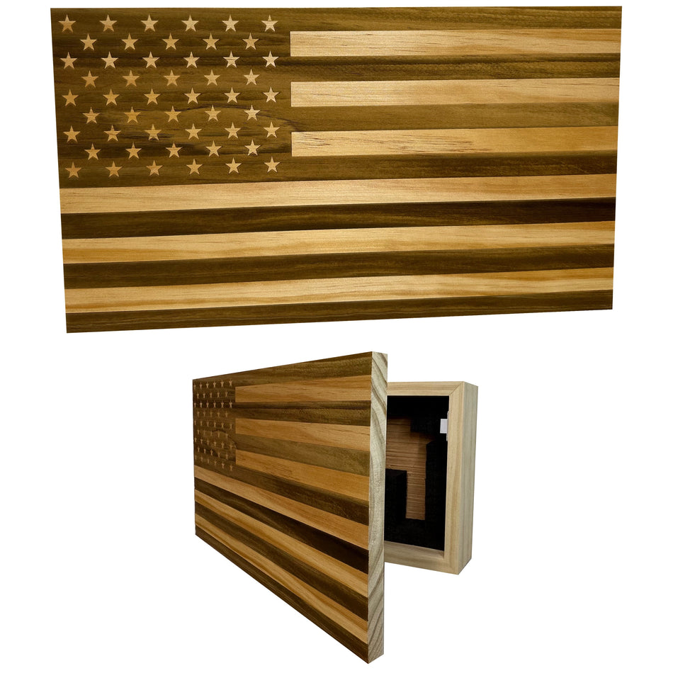 American Flag Decorative & Secure Wall-Mounted Gun Cabinet (Natural)